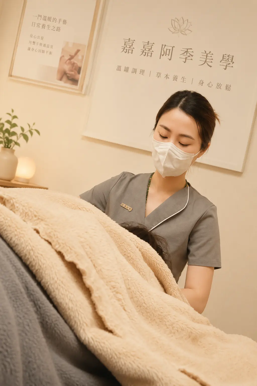 嘉嘉老師在米白色工作室中，為完整覆蓋的客人進行一對一放鬆服務